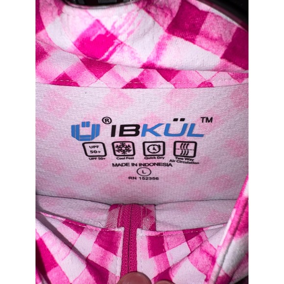 IBKUL Womens Long Sleeve Quarter Zip Golf Top Size L Pink White Gingham UPF 50+ - Picture 3 of 8